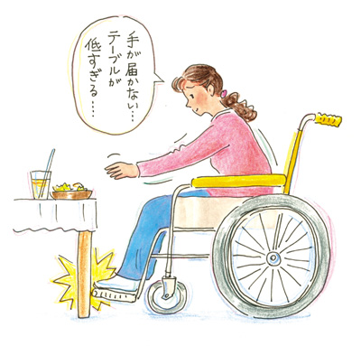 테이블이 낮아 휠체어에 앉은 채로 테이블 밑에 들어 갈 수 없어서, 물건에 손이 안 닿는다.